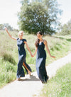 Straight Long Navy Bridesmaid Gown with Capped Sleeves
