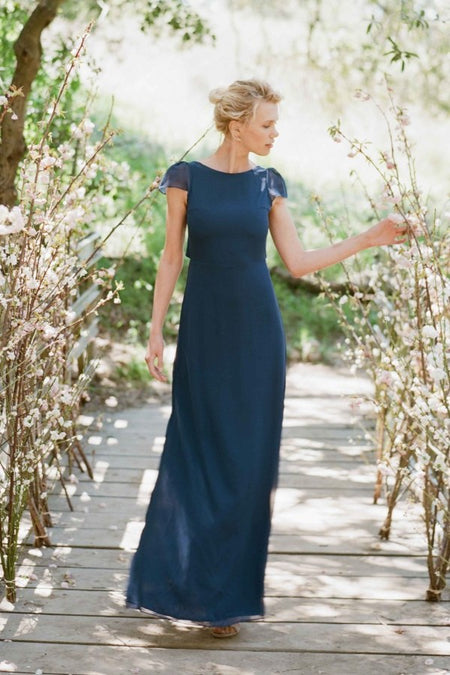 Navy Blue Satin Bridesmaid Dress with Square Neck