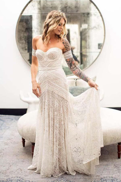 Strapless Backless Lace Boho Bridal Dress for Women