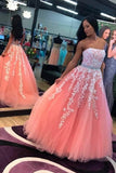 strapless-floral-lace-coral-prom-dresses-with-stones-belt