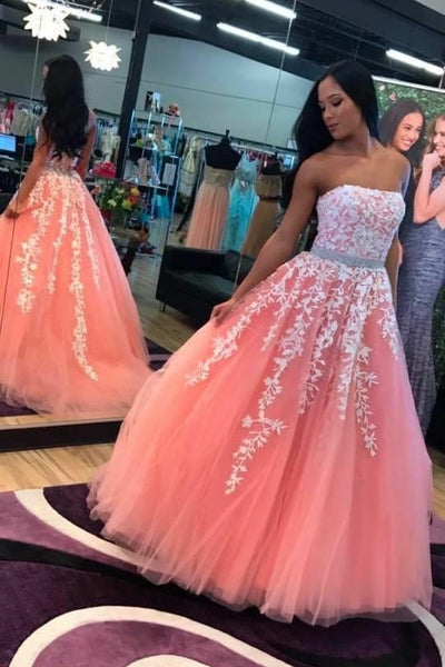 strapless-floral-lace-coral-prom-dresses-with-stones-belt