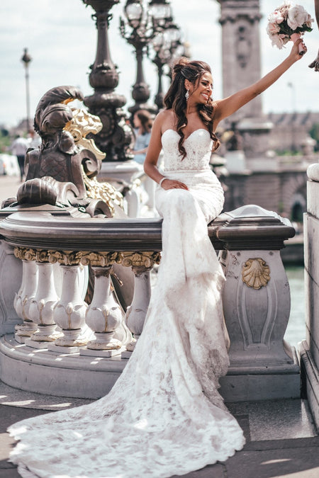 Off-the-shoulder Satin Bridal Gown with Detachable Train