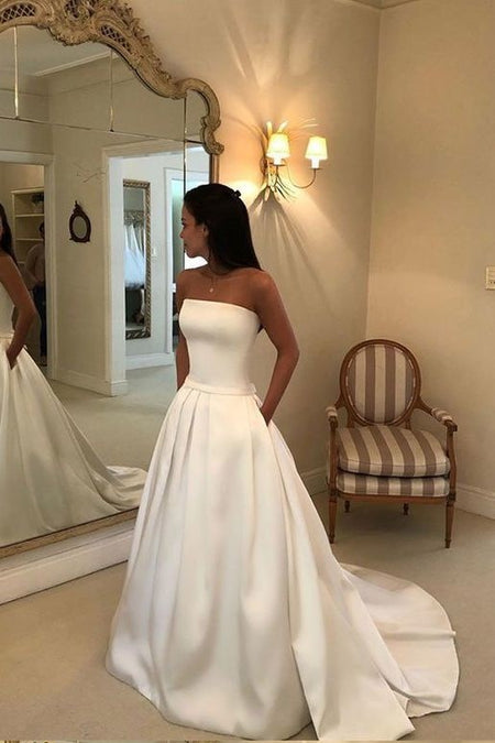 Simple Long Satin A-line Wedding Dresses with Pockets