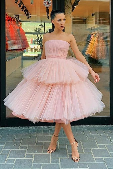 One-shoulder Pink Tulle Cocktail Dresses with Layers Skirt
