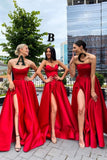 Strapless Red Satin Prom Gowns with Long Leg Slit