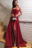 strapless-satin-dark-red-prom-dresses-with-slit-side-1