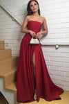 strapless-satin-dark-red-prom-dresses-with-slit-side