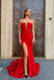 Strapless Satin Red Prom Dress with High Thigh Slit