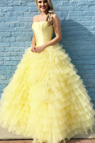 strapless-satin-yellow-prom-ball-gown-dress-with-tulle-tiered-skirt