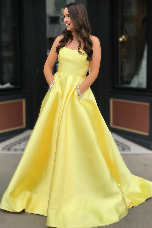 strapless-satin-yellow-prom-dresses-with-rhinestones-pockets