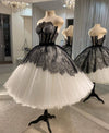 Strapless Short Ball Gown Wedding Dress with Black Lace