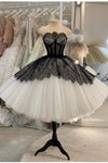 strapless-short-ball-gown-wedding-dress-with-black-lace