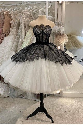 Strapless Short Ball Gown Wedding Dress with Black Lace loveangeldress Strapless Short Ball Gown Wedding Dress with Black Lace loveangeldress
