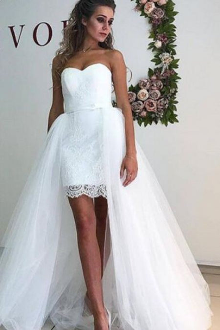 Lace Strapless Tea-Length Wedding Gown Tulle Skirt