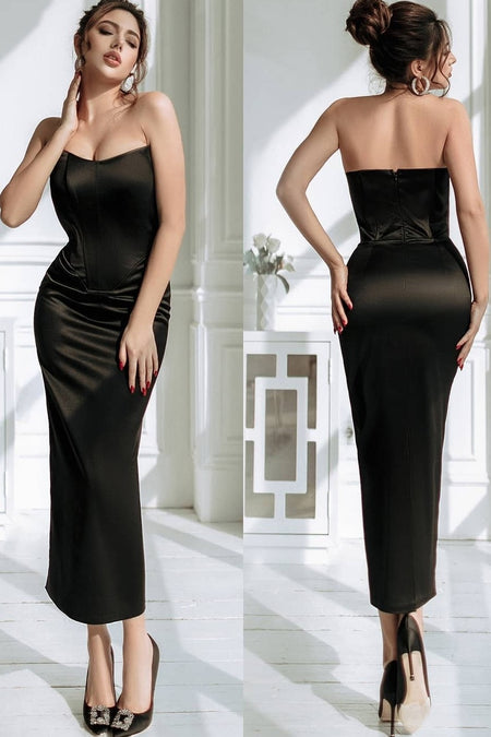 Mini Black Cocktail Party Gown with Plunging V-neck