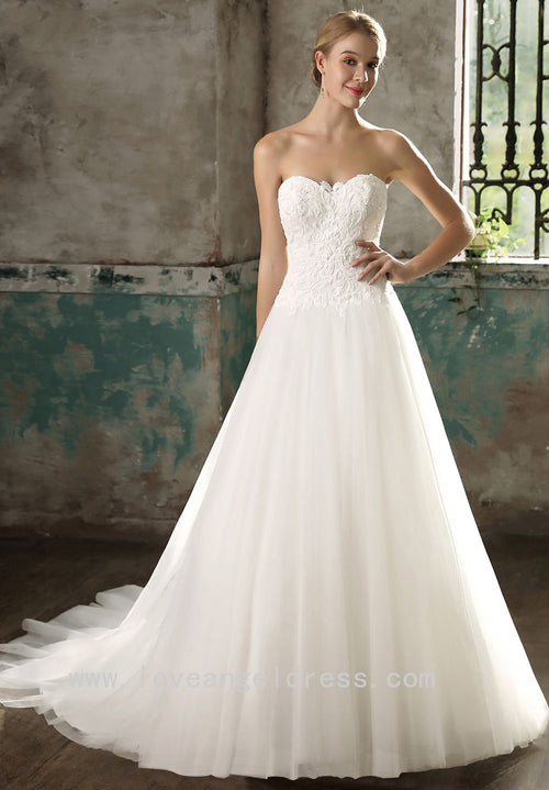 strapless-sweetheart-lace-a-line-bridal-dresses-with-tulle-skirt