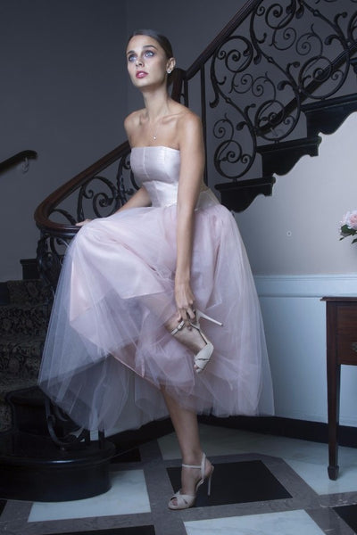 strapless-tea-length-prom-dress-tulle-skirt