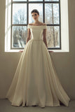 structured-folds-off-the-shoulder-satin-bride-dresses-beaded-belt