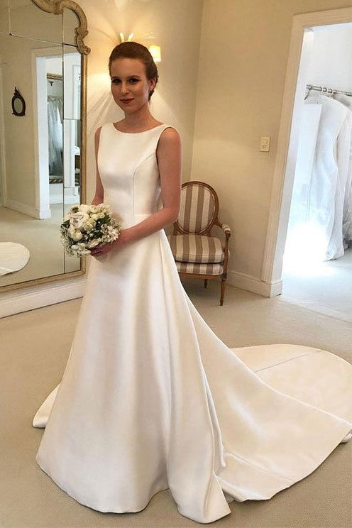 Newest Structured Satin Wedding Dresses with Bow Ribbon Sash Back, Bridal Gowns