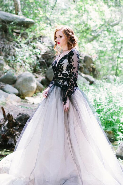 stylish-lace-appliqued-tulle-black-wedding-gown-with-sleeves