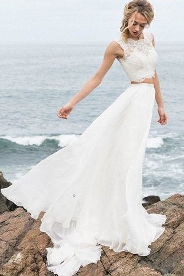 2 Piece Boho Wedding Dress with Lace Sleeves Chiffon Skirt