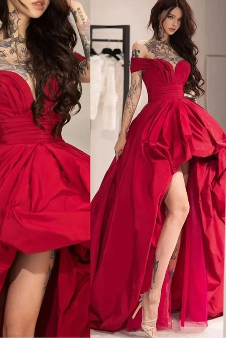 Red Tea-Length Prom Gown with Shoulder Straps