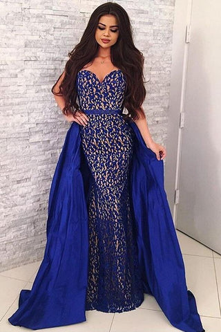 Sweetheart Sapphire Blue Lace Prom Dresses with Satin Skirt  loveangeldress