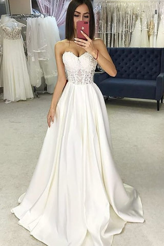 Sweetheart Sheer Lace Corset Wedding Dresses Satin Skirt loveangeldress Sweetheart Sheer Lace Corset Wedding Dresses Satin Skirt loveangeldress