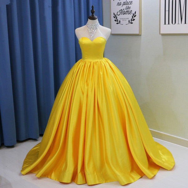 Sweetheart Yellow Prom Ball Gown with Satin Skirt