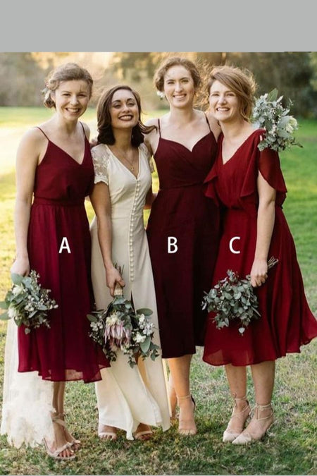 Dark Red Satin Brides Maid Dresses with Asymmetrical Hem