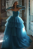 teal-blue-dots-layers-prom-dresses-with-ruching-strapless-bodice-1