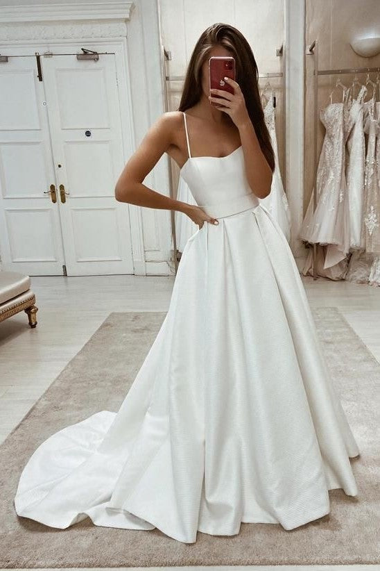 Thin Straps Satin Bride Wedding Dresses with Sweep Train loveangeldress Thin Straps Satin Bride Wedding Dresses with Sweep Train loveangeldress