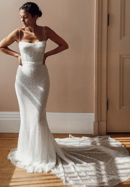 Thin Straps Sequins Wedding Dresses Open Back