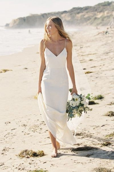 Cowl Neckline White Simple Wedding Gown with Thin Straps