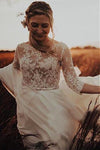 three-quarter-sleeves-outdoor-wedding-dress-illusion-lace-chiffon-skirt-1
