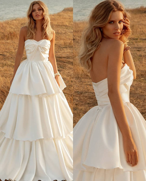 Tiered Satin Wedding Dresses with Ruched Sweetheart Bodice