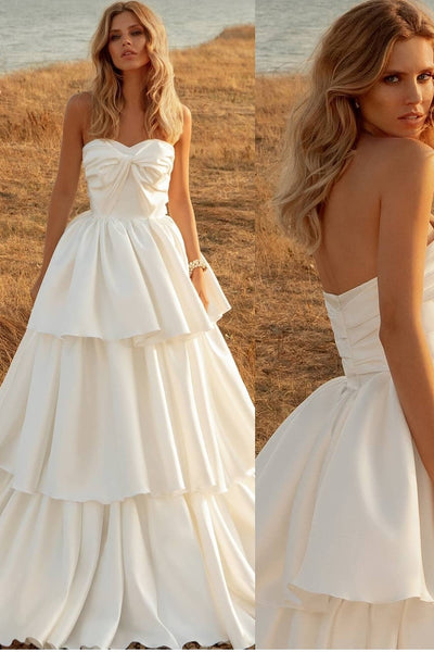 tiered-satin-wedding-dresses-with-ruched-sweetheart-bodice