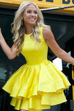 tiered-skirt-yellow-homecoming-dresses-short-satin-gown