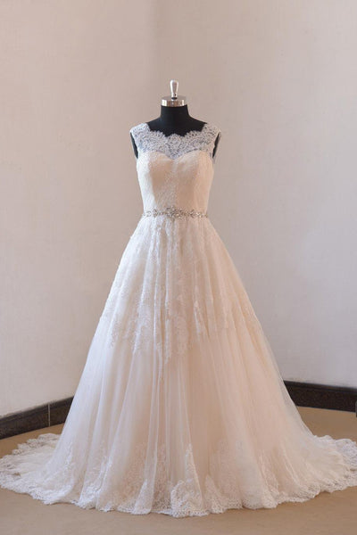 Traditional Lace Tulle Wedding Dresses with Rhinestones Belt