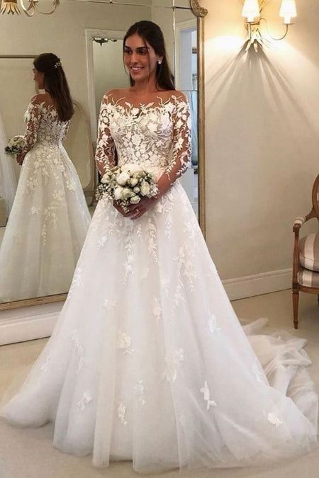 Fit&Flare Lace Off-the-shoulder Wedding Dresses with Long Sleeves