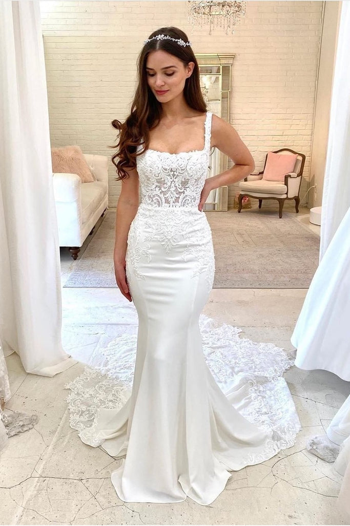 Trumpet Wedding Dress with Lace Square Neck and Train loveangeldress Trumpet Wedding Dress with Lace Square Neck and Train loveangeldress