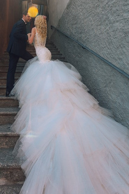 Sheer Lace Mermaid Wedding Dress with V Back