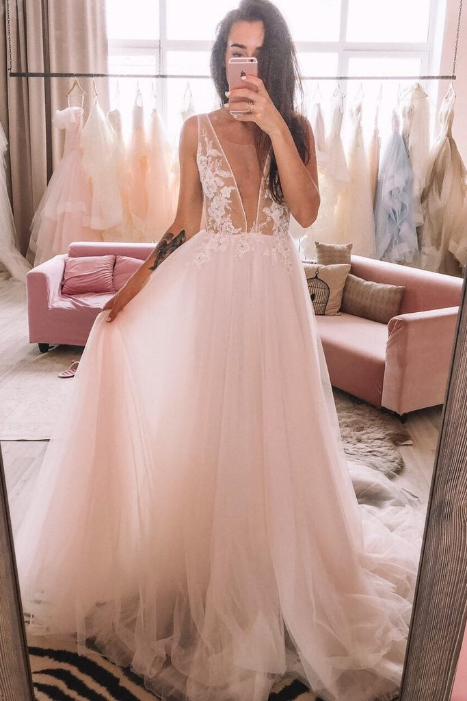 Tulle Beach Wedding Dresses with See-through Lace Bodice loveangeldress Tulle Beach Wedding Dresses with See-through Lace Bodice loveangeldress