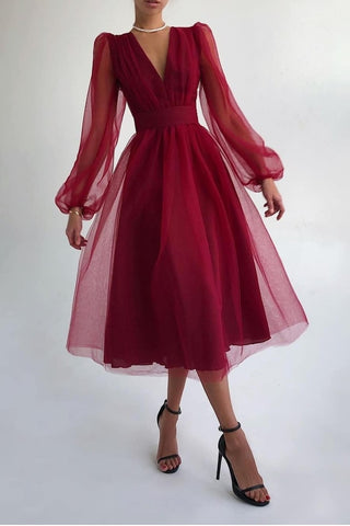 Tulle Burgundy Short Prom Dress with Sheer Sleeves loveangeldress Tulle Burgundy Short Prom Dress with Sheer Sleeves loveangeldress