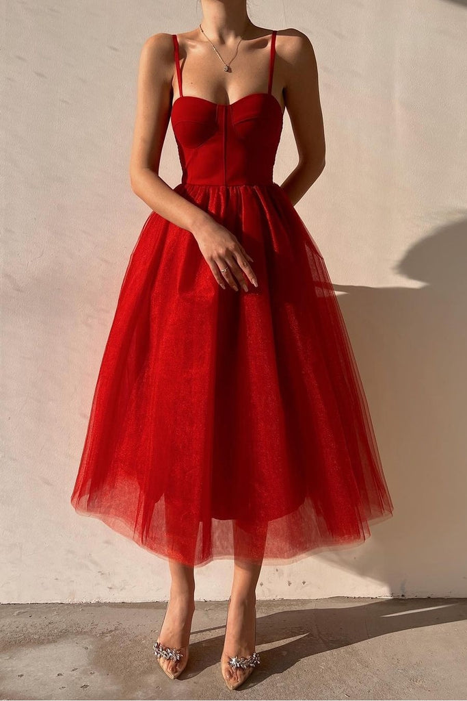 Tulle Red Short Prom Gown with Double Straps