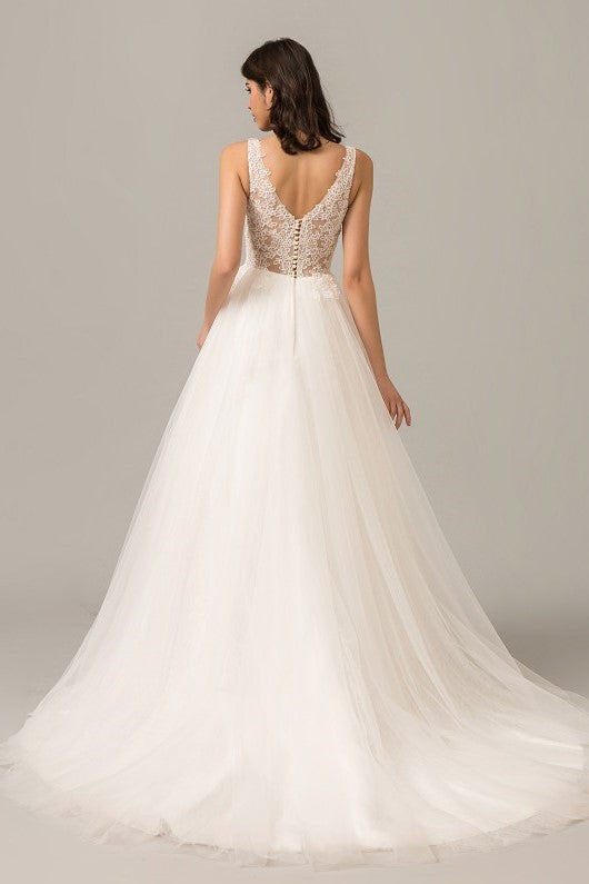 tulle-skirt-a-line-ivory-wedding-dress-lace-v-neckline-1