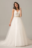 tulle-skirt-a-line-ivory-wedding-dress-lace-v-neckline