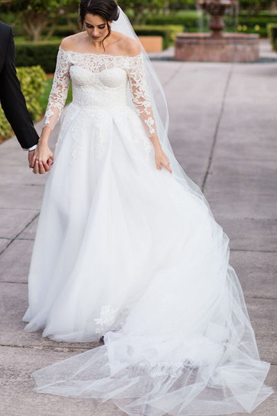 tulle-skirt-lace-three-quarter-sleeves-wedding-dresses-off-the-shoulder