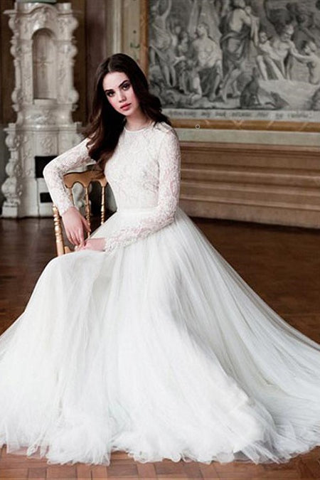 Illusion Lace Long Sleeves Wedding Dress with Chiffon Skirt