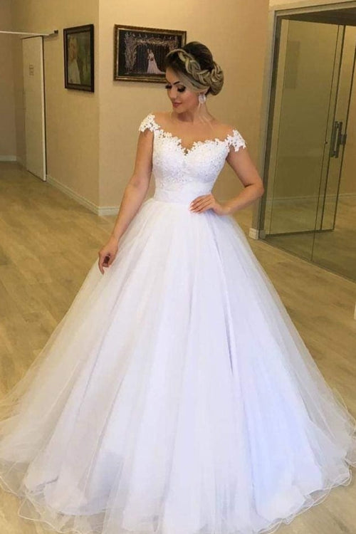 tulle-skirt-white-wedding-dress-with-transparent-capped-sleeves